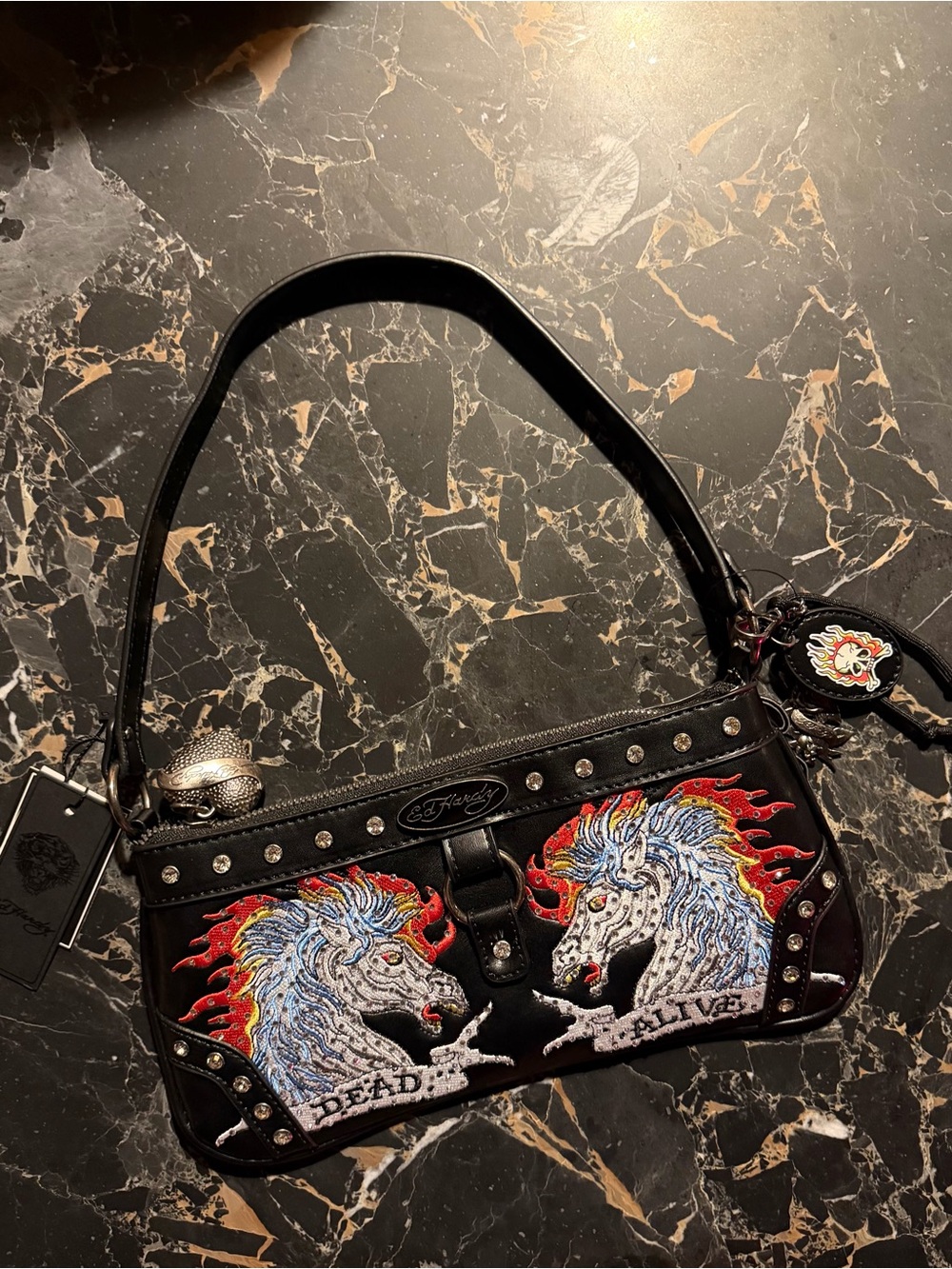 Ed Hardy Black Dead or Alive Mustang Shoulder Bag